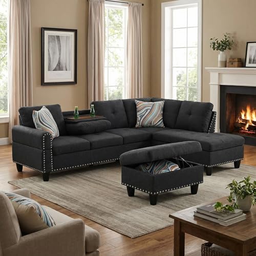 L-Shaped Couch Set, 97.5" L x 69.5" W Sectional Sofas Linen Grey - Image 4