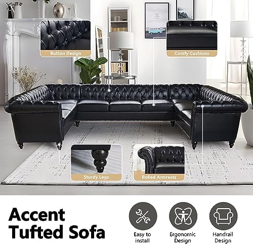 QHITTY U-Shaped Sofa, Sectional Chesterfield Leather Faux Couch 9-Seater - Image 3