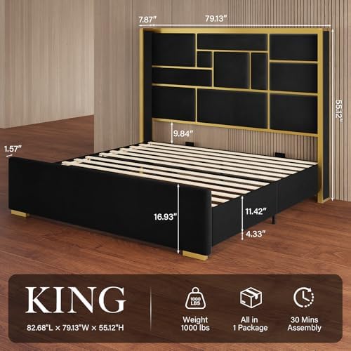 King Bed Frame and Gold Trim Headboard, Upholstered Bed - Image 2