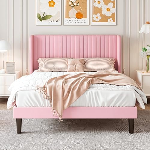 SHA CERLIN Queen Size Velvet Bed Frame, Tufted Wingback Headboard - Image 3