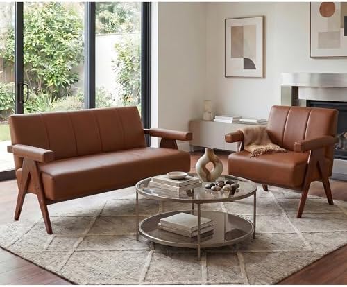 Mid Century Modern Brown Faux Leather Living Room Furniture Set of 2 by Betterfurniturebetterlife