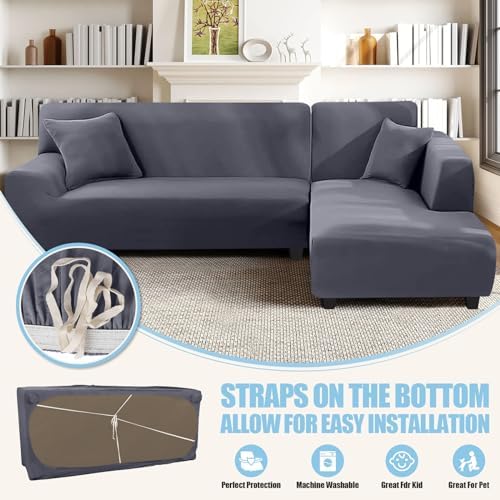KinCam Sectional Couch Covers Stretch L Shape Sofa Covers, Light Grey - Image 3