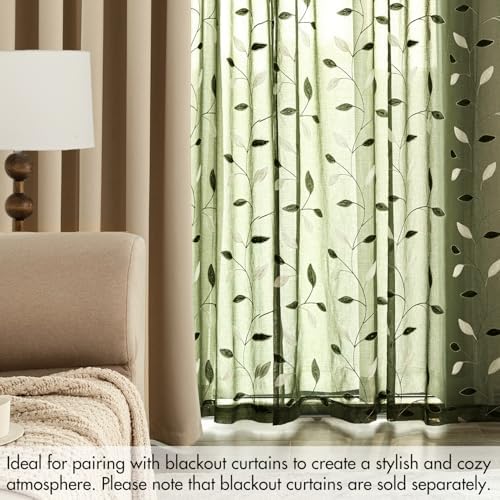 MIULEE Christmas Olive Green Sheer Curtains Leaf Patterned, W52 x L96 - Image 7