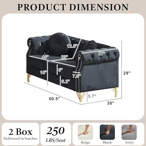 61" Black Velvet Chesterfield Loveseat Sofa Sets - Image 2