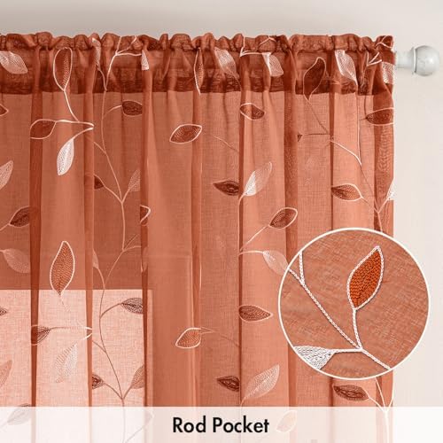 MIULEE Burnt Orange Sheer Fall Curtains 2 Panels Leaf Patterned, W52 x L63 - Image 6