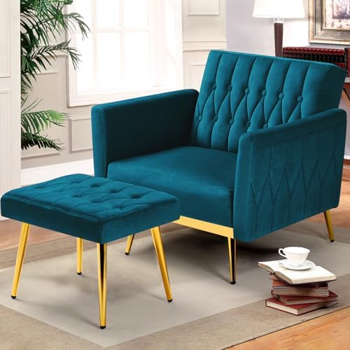 Velvet Accent Chair w/Ottoman & Adjustable Backrest - Image 2