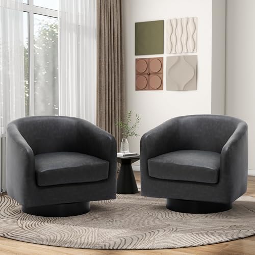 Pia Ricco Set of 2 Oversized Faux Leather 360° Swivel Barrel Accent Chair Black - Image 7