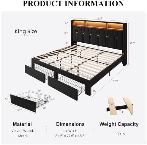 SHA CERLIN King Bed Frame, 2 Storage Drawers & 2-Tier Storage Headboard - Image 2