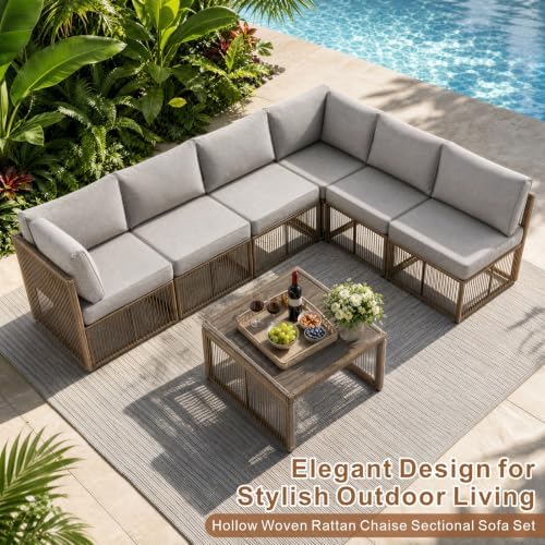 7 Piece Outdoor Small Patio Furniture Set, Wicker Sectional Furniture Set - Image 3