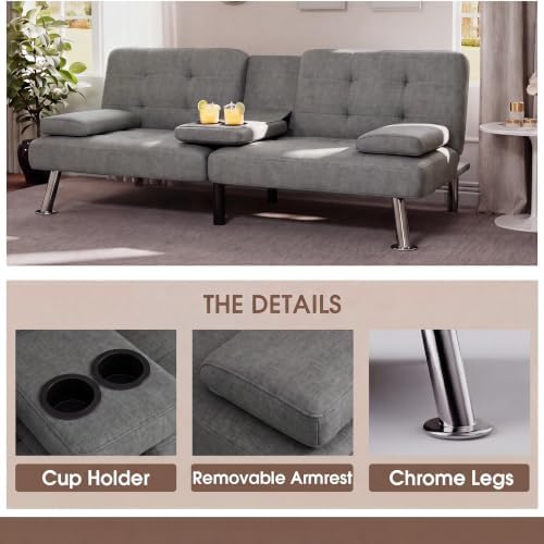 Flamaker Futon Sofa Bed, Modern Linen Convertible Folding Futon Set - Image 5