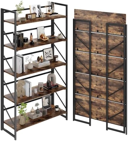 JSB 5 Tier No Assembly Folding Bookshelf, 30.7" Wide Foldable Storage Bookcase by HomeFurniture