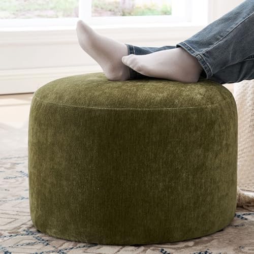 Upholstered Round Green Pouf Ottoman, Modern Footstool by Scingu