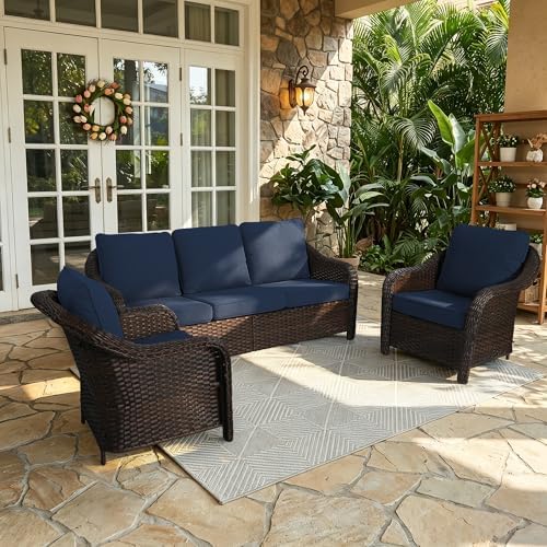 3 Piece Patio Wicker Conversation Set, All-Weather Use Outdoor Wicker Sofa by Qsoer