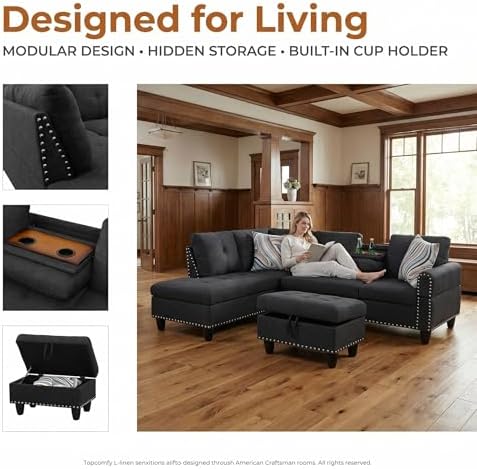 L-Shaped Couch Set, 97.5" L x 69.5" W Sectional Sofas Linen Grey - Image 4
