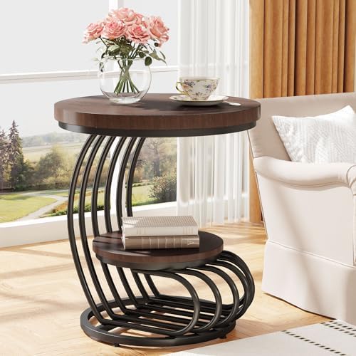 Tribesigns Round End Side Table: 2 Tiers Side Table Set of 2, Vintage End Table - Image 4