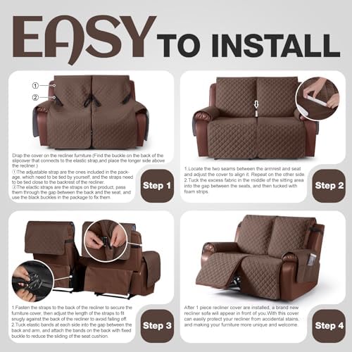 KinCam Waterproof Loveseat Recliner Covers Washable, 2 Seater, Deep Brown - Image 6