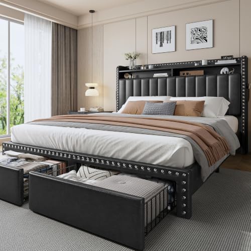 EnHomee Queen Bed Frame with 2 Drawers & 2-Tier Storage Headboard by EnHomee