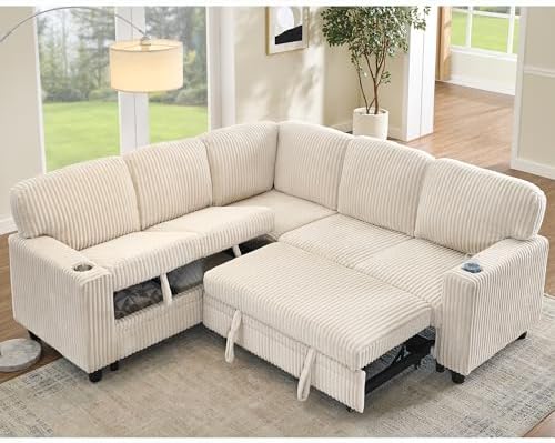 L-Shaped Sectional Couch with Storage and Pull Out Bed, Convertible Sofa Bed by LITVZ