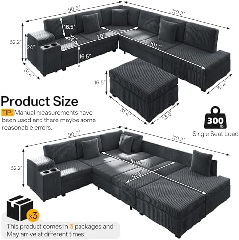 KEIKI 110" L-Shaped Oversized Plush Corduroy Modular Sectional Sofa - Image 2