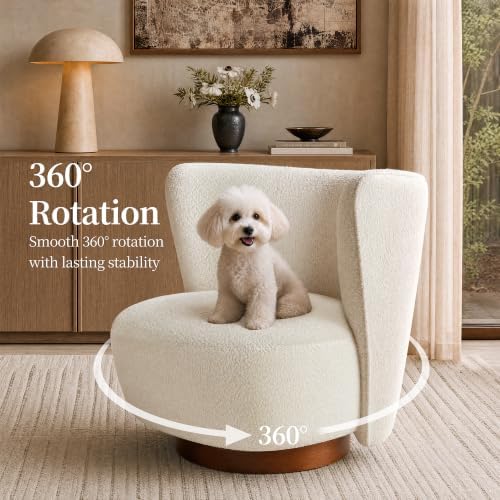 Swivel Accent Chair, Wood Frame, Sherpa Upholstery - Image 4