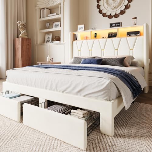 SHA CERLIN Queen Bed Frame, 2 Storage Drawers & 2-Tier Storage Headboard by SHACERLIN