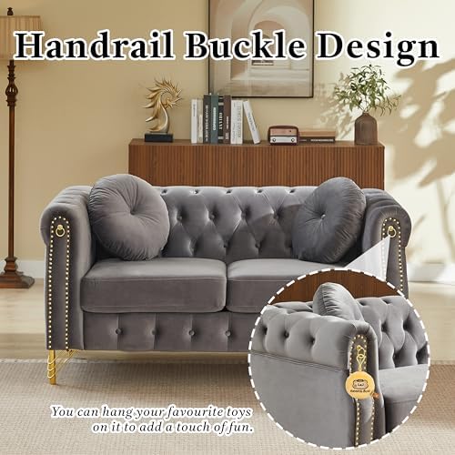 2 Pieces Grey Velvet Chesterfield 82" 3-Seater Sofa Sets, Featuring Copper Stud - Image 4