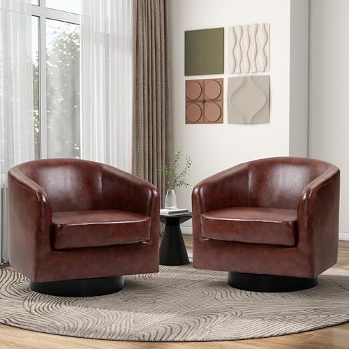Pia Ricco Set of 2 Oversized Faux Leather 360° Swivel Barrel Accent Chair Red - Image 7