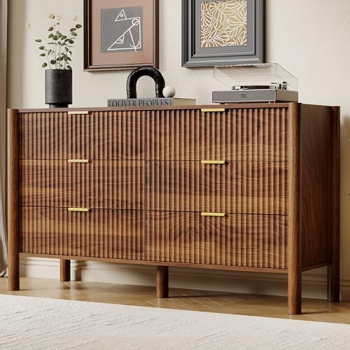 55in Walnut Fluted 6 Drawer Dresser by HOUROMDresserforBedroom