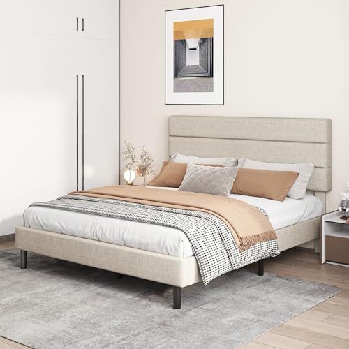 Full Platform Bed Frame with Adjustable Linen Fabric Upholstered Headboard - Image 7