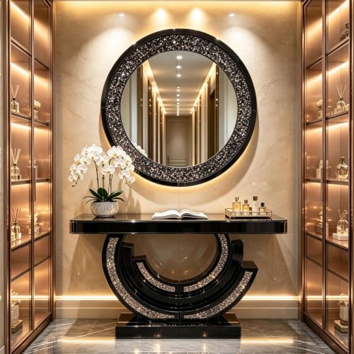 Mirrored Console Table & Round Wall Mirror Set, 42.9" Black by Unknown