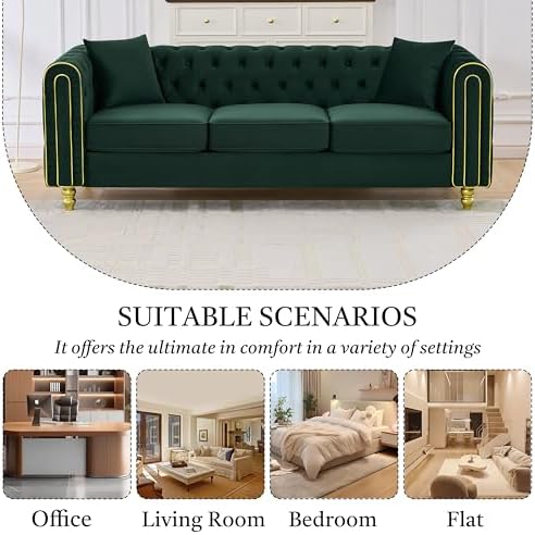86" Chesterfield 3-Seater Velvet Sofa Couch, Button Tufted Rolled Arms - Image 6