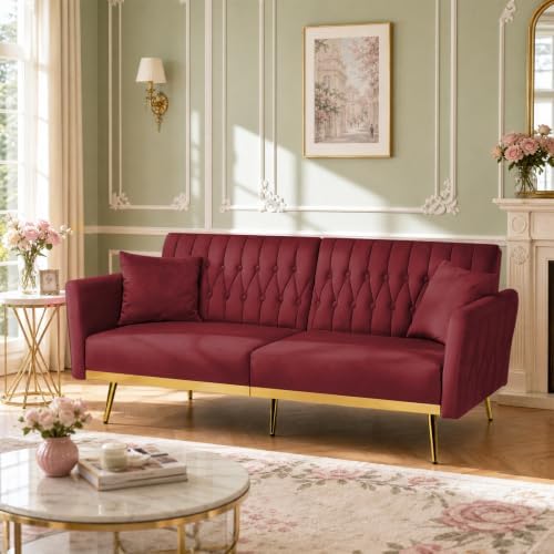 70” Velvet Futon Sofa Bed w/Adjustable Armrests - Image 2