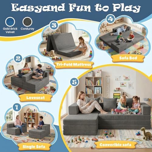 Modular Kids Play Couch, Convertible Toddler Sectional Sofa, Soft Cloud - Image 3