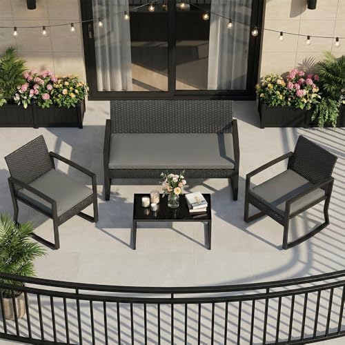 IDEALHOUSE Outside Patio Furniture Set, 4 Piece Outdoor Wicker Rocking Chair - Image 7