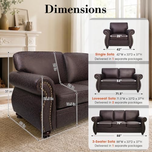 Couchus 88" W 3-Seater Sofa Couch, Faux Leather Fabric Sofas - Image 2