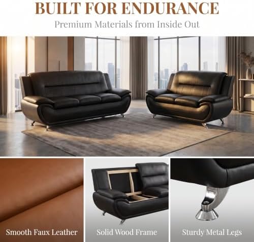 2 Piece Faux Leather Sofa Set for Living Room, Modern Living Room Furniture Set - Image 3