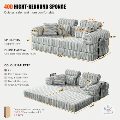 79" Memory Foam Sofa Bed, High Headrest Convertible Futon Boneless Couch - Image 2