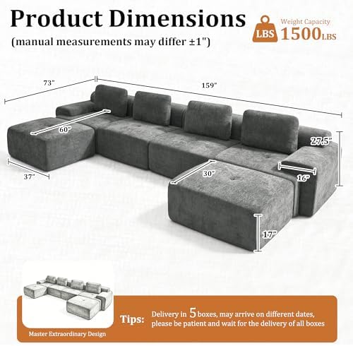 159" U Shaped Oversized Boneless Couch, Comfort Cloud Sectional Couches - Image 2