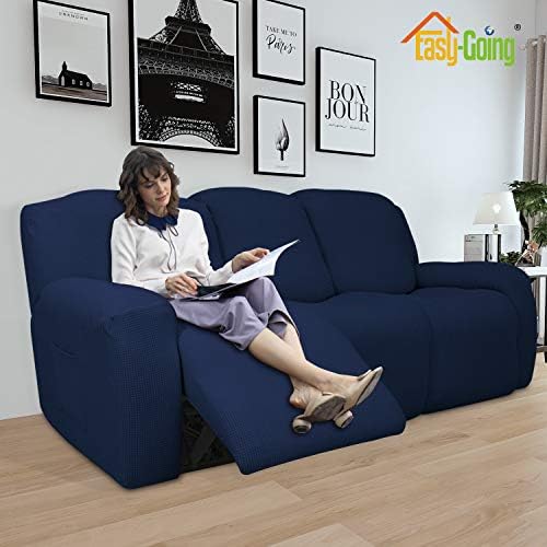 Easy-Going 8 Pieces Recliner Couch Stretch Sofa Slipcover Navy - Image 2