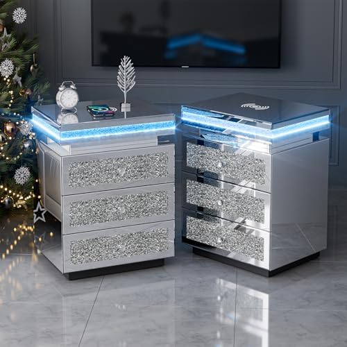IKIFLY Mirrored Nightstand Set of 2, LED End Table by IKIFLYenjoyyourwonderfullife