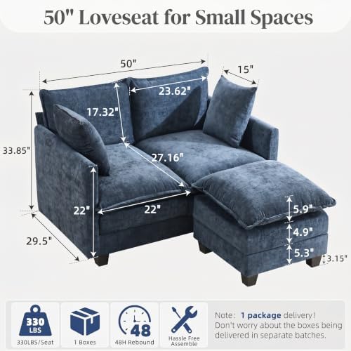 2-Seater Loveseat Sofa with Ottoman, Pet-Friendly Chenille, Washable Pillows - Image 2