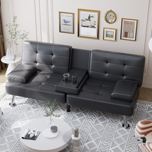 Shahoo Leather Convertible Futon Sofa Bed, Folding Sleeper Loveseat Couch by BuynowfromShahoo