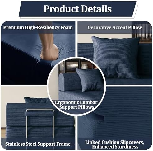 31.5'' Convertible Compressed Corduroy Folding Sofa Bed, Modern Boneless Pull - Image 4