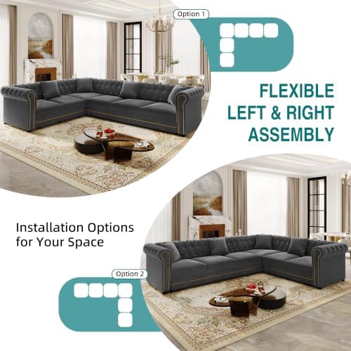115.3" Velvet L-Shaped Pull-Out Chesterfield Sleeper Sofa Bed, Dark Grey‌ - Image 5