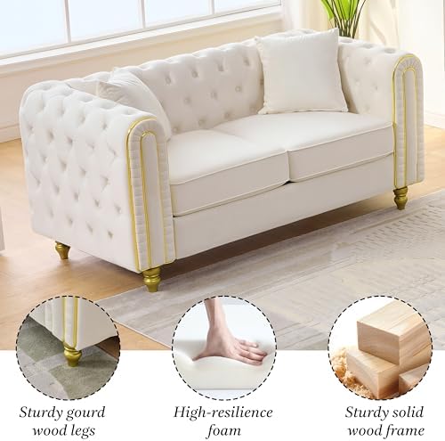 Chesterfield 63" Loveseat White Velvet Sofa, 2-Seater Couch Comfy Velvet Sofa - Image 3