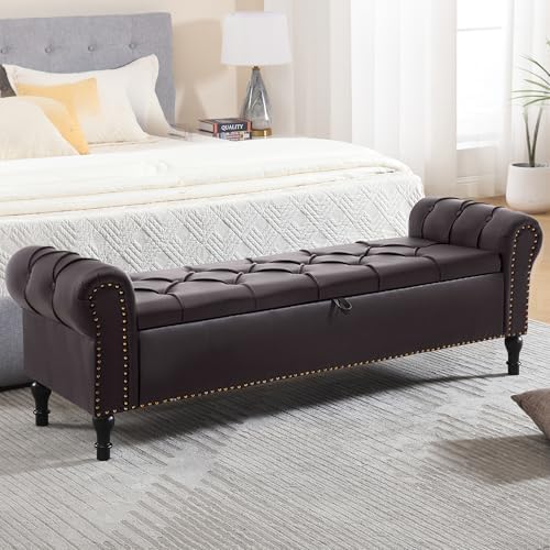 Faux Leather Storage Bench 67 Inch Upholstered Tufted Ottoman Bench by HOMYKA