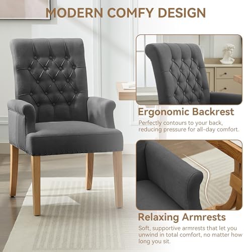 Dining Chair with Arms, Upholstered High Back Dining Room Chairs, Dark Grey - Image 3