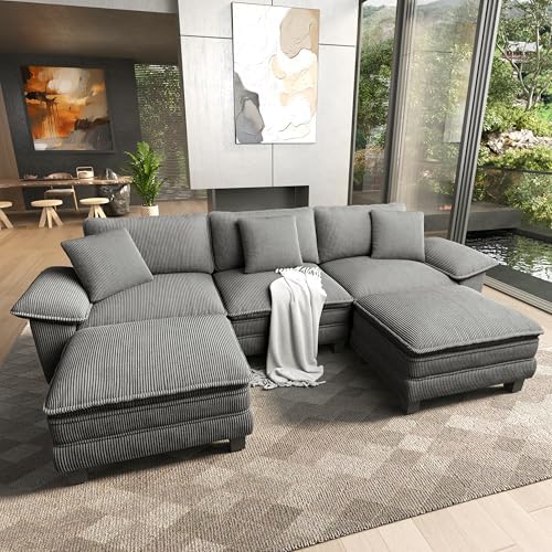 HERA'S HOUSE 124" Oversized Modular Sectional U Shaped Sofa, Corduroy Grey by HERASHOUSE