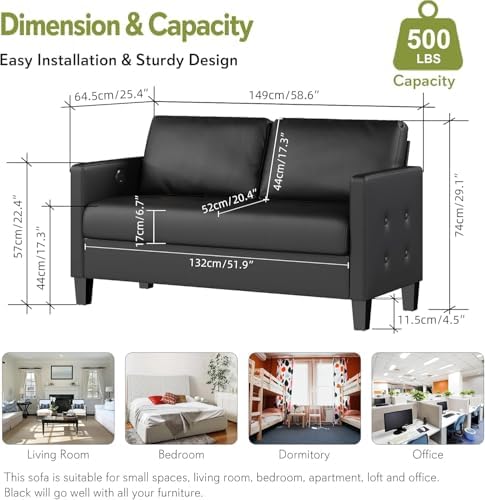 59” Black Faux Leather Loveseat, 2 Seater Couch - Image 2