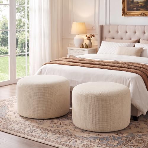 Boho Round Pouf Ottoman Set of 2, Upholstered Ottomans - Image 5